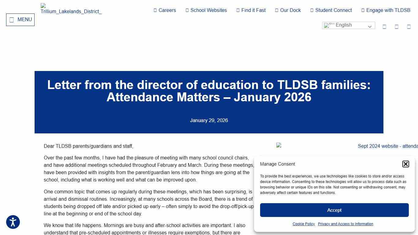 Letter from the director of education to TLDSB families: Attendance Matters – January 2026 – Trillium Lakelands District School Board