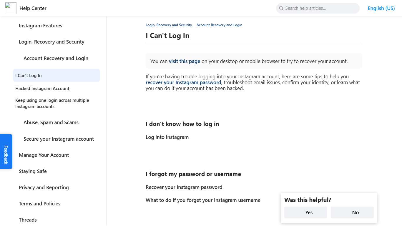 I Can't Log In Instagram Help Center